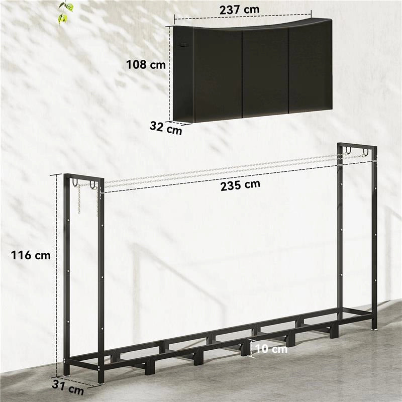 LEGNAIA DA ESTERNO IN METALLO CON TELO IMPERMEABILE, CAPACITÀ 0.8M STRUTTURA REGOLABILE, 235X31X116 CM, NERO