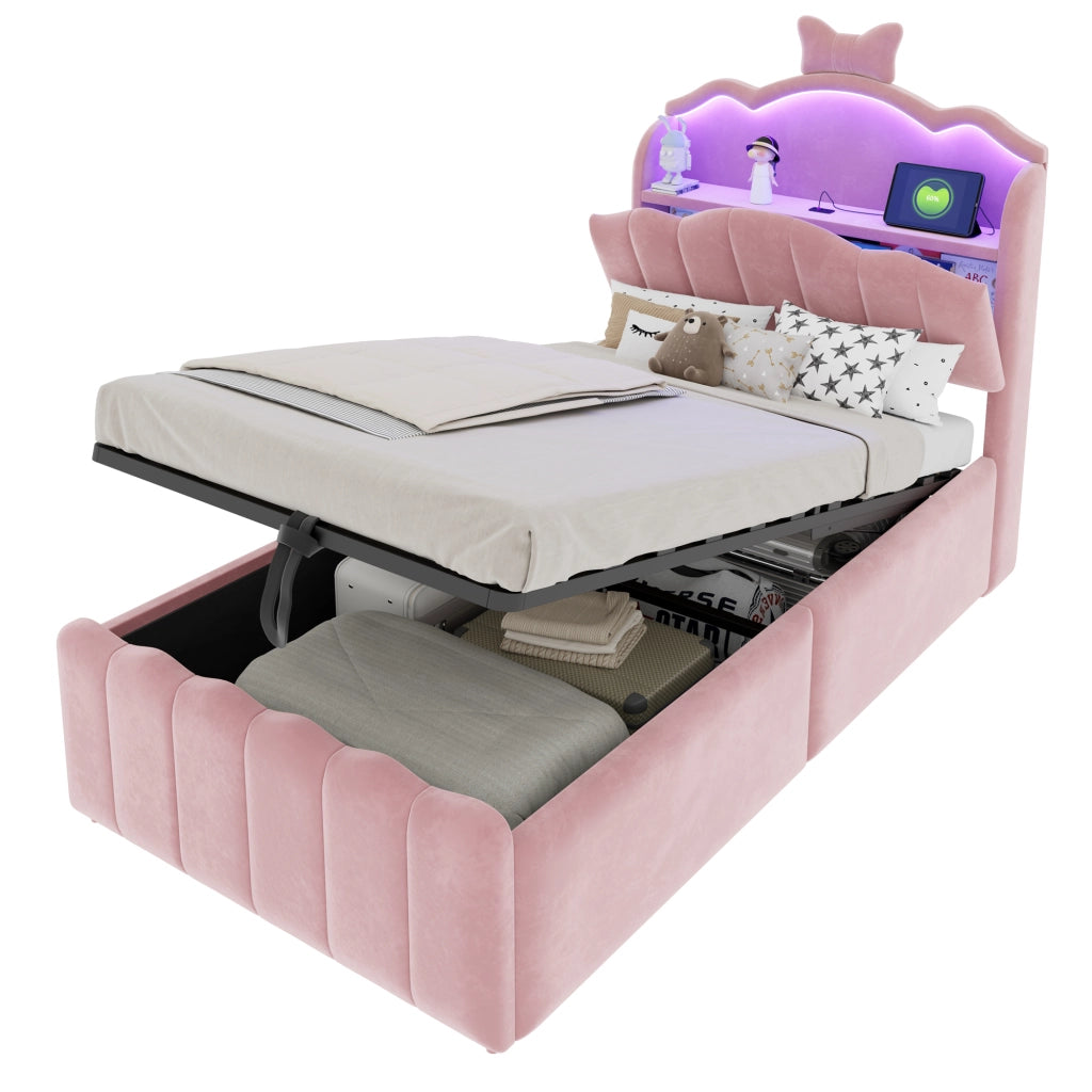 Letto per bambini 90 × 200 cm con contenitore idraulico, USB e Type-C, LED regolabile, sans materasso, en velluto rosa