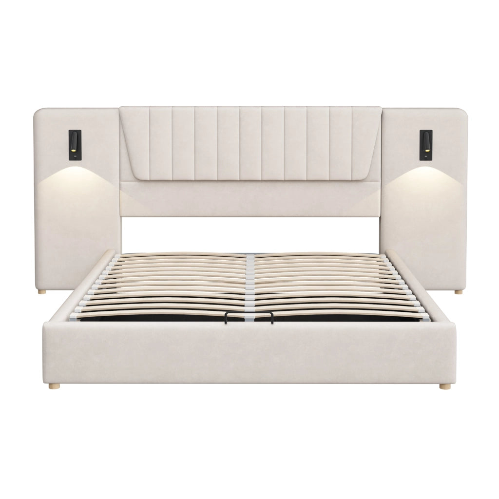 Letto imbottito 180x200 cm in velluto beige con contenitore; luci orientabili e USB