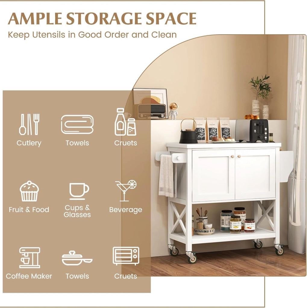 Carrello da Cucina Mobile con Piano di Lavoro, Armadio e Ripiani Aperti, Tavolo da Isola con Ruote Girevoli con Portasciugamani e Portaspezie per Bar, Sala da Pranzo, Bianco，38x100x87cm