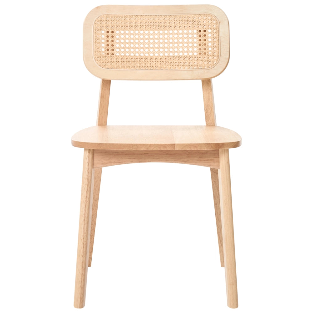 Set di 2 sedie da pranzo con struttura in legno di gomma marrone chiaro schienale in rattan senza braccioli design retrò
