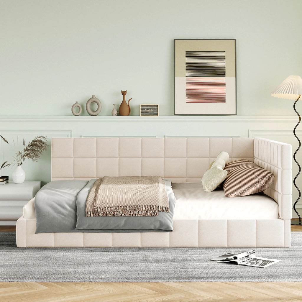OKWISH Letto a Divano 140×200 cm, Letto Matrimoniale con Schienale Reversibile e Bracciolo, senza Materasso, in Tessuto Imbottito, Beige