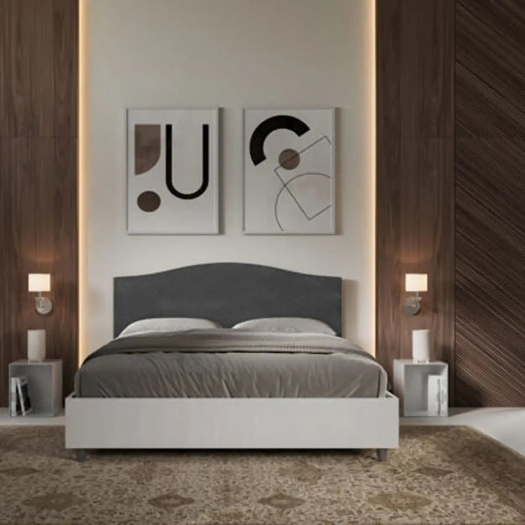 Letto matrimoniale con rete 160x200 bianco frassino testata microfibra grigio Grace