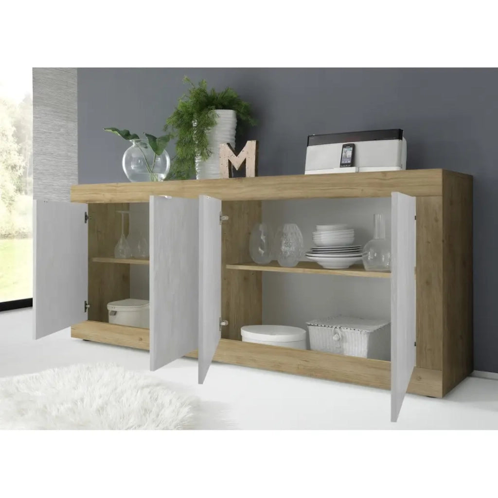 Credenza a 4 porte collezione ACCESS. Colori bianco e rovere chiaro.
