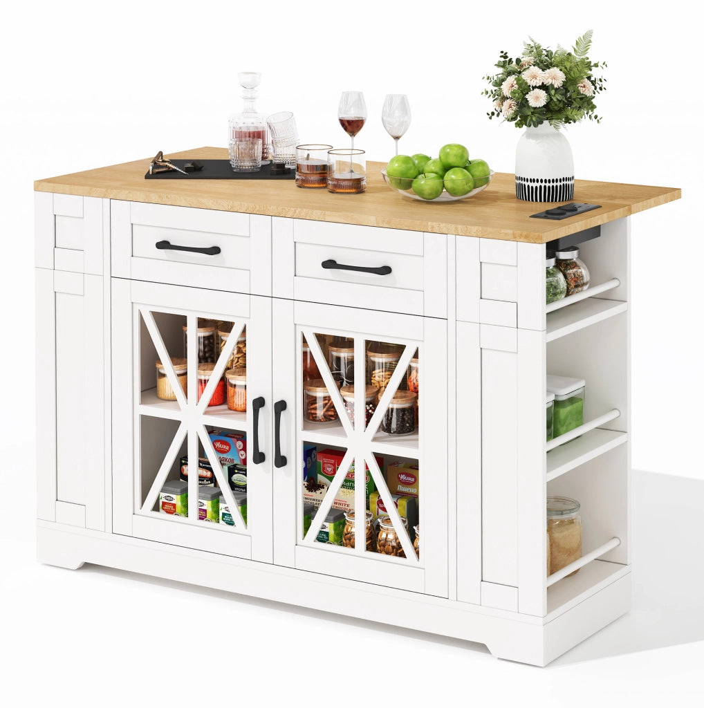 Isola da cucina mobile 120 cm con piano ribaltabile; prese AC e USB; bianco e naturale