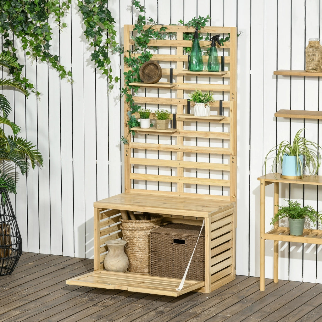 Cassapanca da Giardino 80x45x160 cm con Traliccio e 4 Ripiani con Chiusura Magnetica in Legno