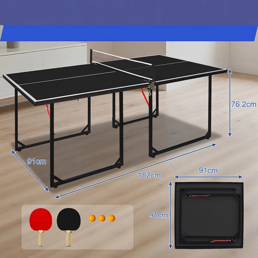 Tavolo da Ping Pong Pieghevole 182×91×76 cm 6 FT con Rete; 2 Racchette e 3 Palline; Portatile Nero