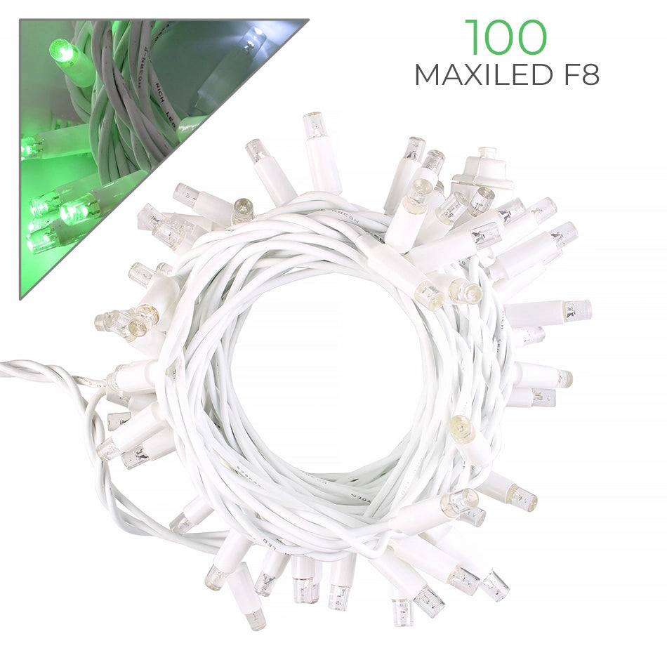 CATENA LUMINOSA PROFESSIONALE 100 MAXI-LED F8 CAVO BIANCO LUCE VERDE FISSA E BIANCA INTERMITTENTE - IDEALE PER DECORAZIONI FESTIVE ED EVENTI SPECIALI