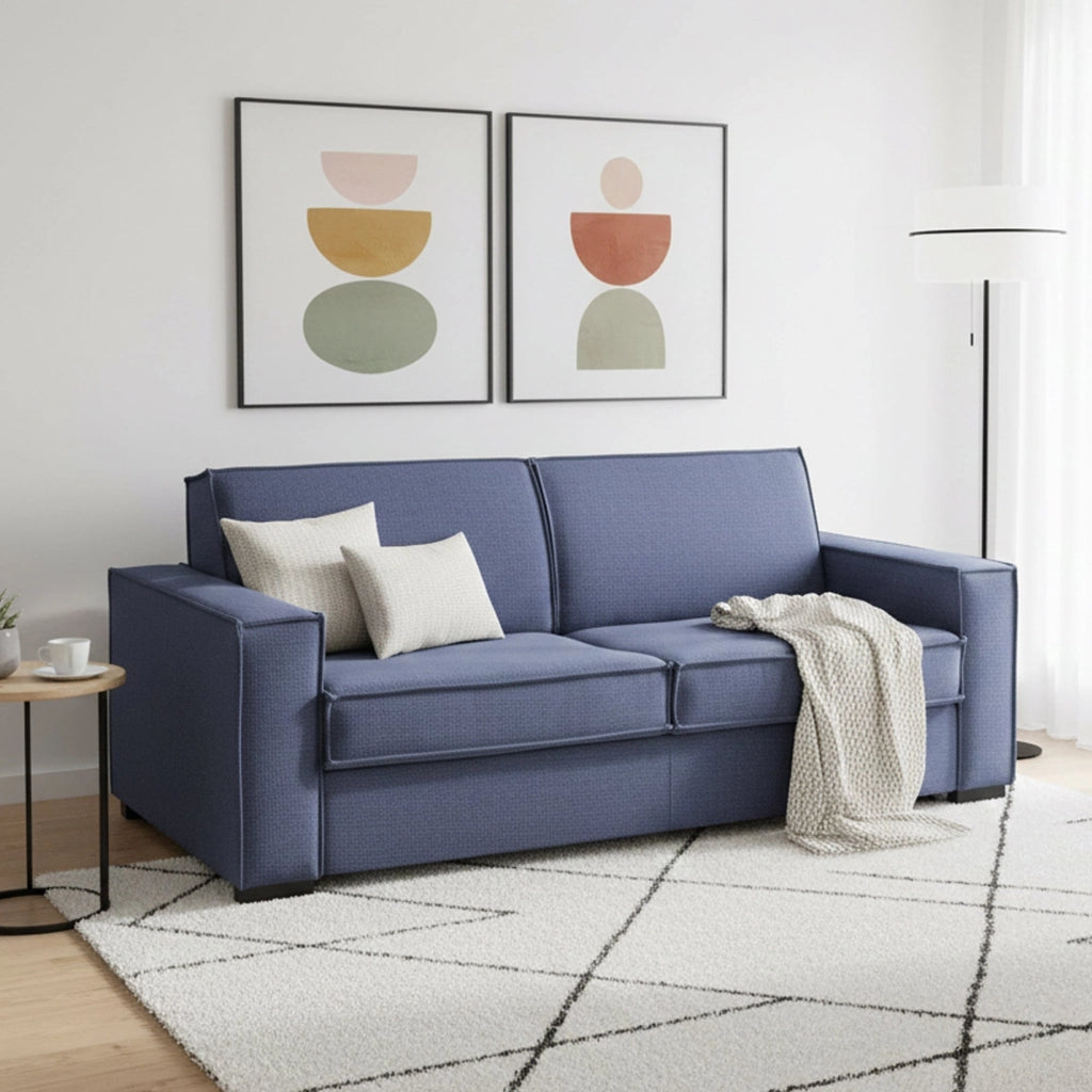 Divano Letto Amapola, Divano a 2 posti Large, Made in Italy, SofÒ  Soggiorno con apertura girevole, in tessuto imbottito, con Braccioli standard, cm 200x95h90, Blu