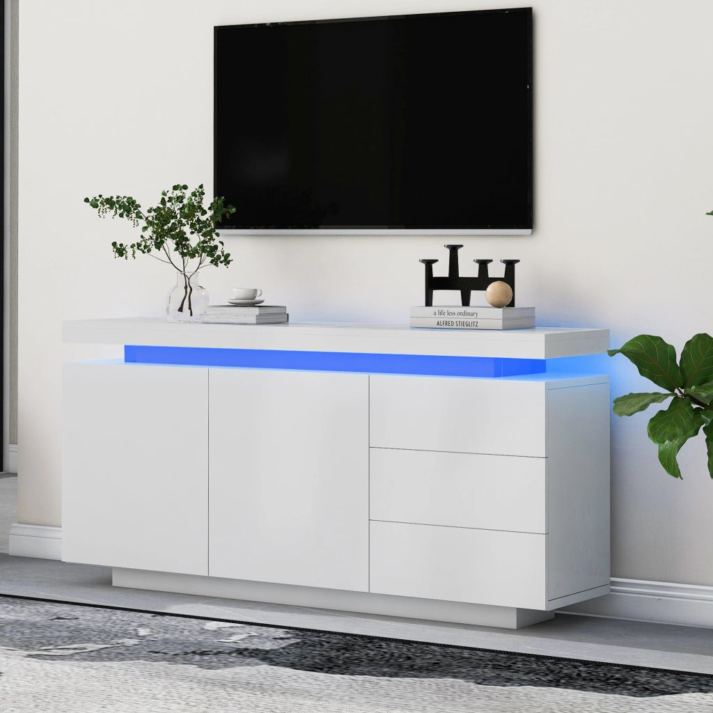 Cassettiera Moderna con LED e Ante ¨C MINIMAL ¨C Bianco Lucido, 3 Cassetti, 140x35x72.5cm