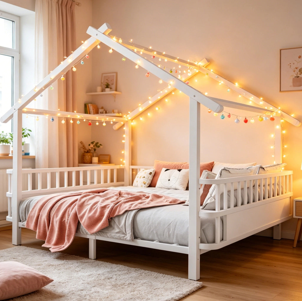Letto a casetta 140x200 cm con sponde di sicurezza in metallo bianco