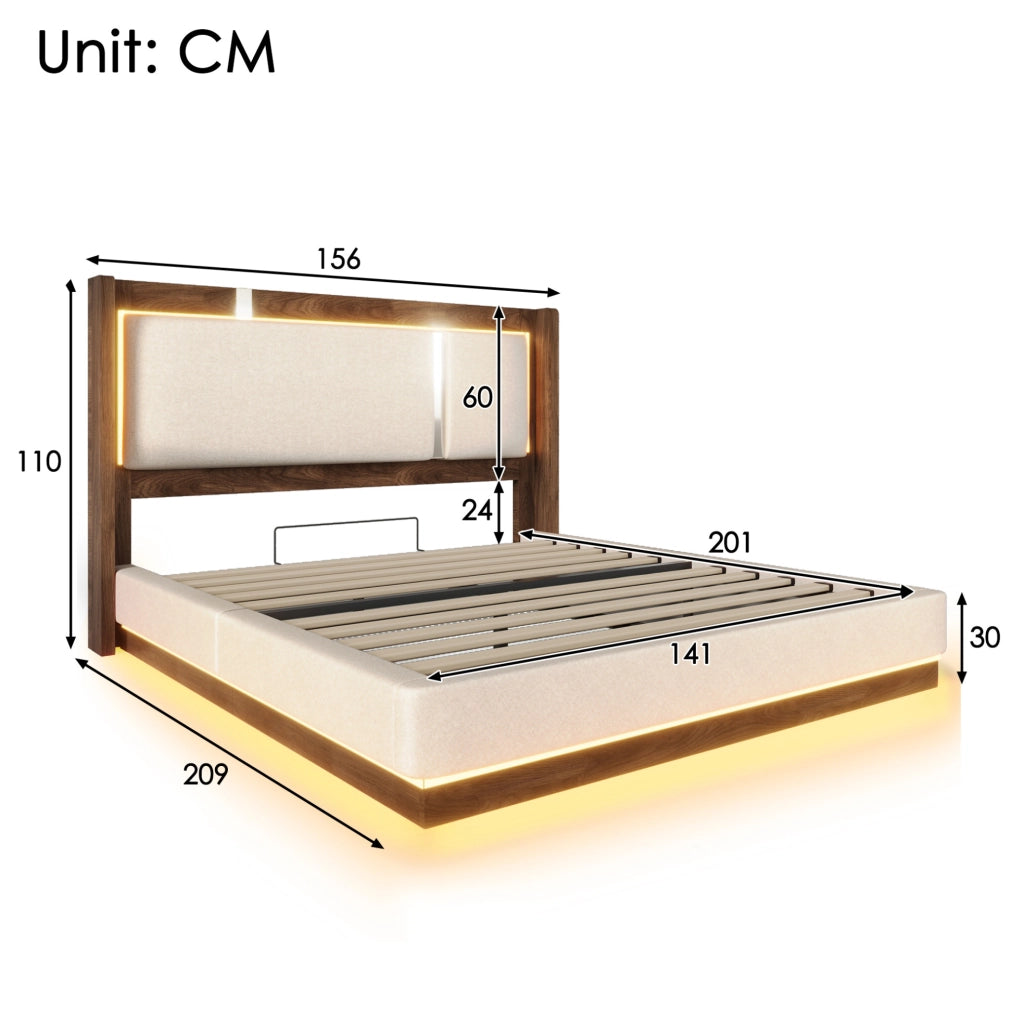 Letto matrimoniale 140x200 cm con contenitore; LED e testiera imbottita in lino beige e noce