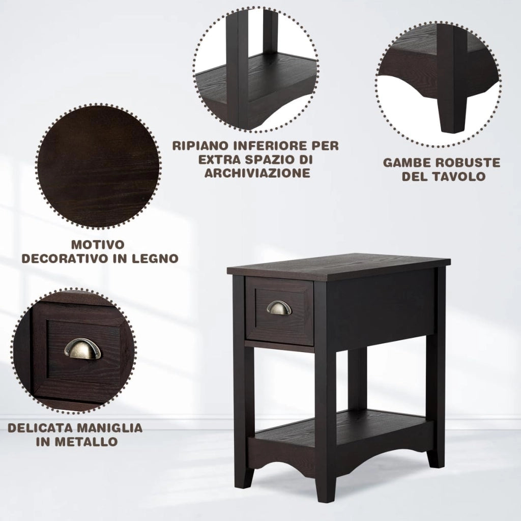 Tavolino da Salotto in Legno Massello, Comodino con 1 Cassetto e 1 Ripiano, Tavolino Basso da Soggiorno e Camera da Letto (56 x 33 x 58,5 cm, Caffè, 1)
