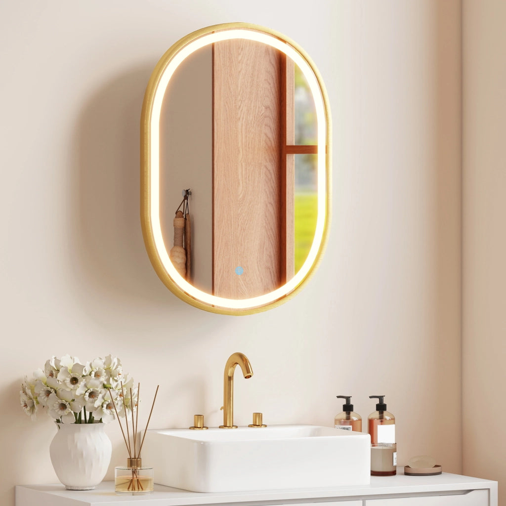 Armadietto da Bagno con Specchio e LED ¨C zephmum ¨C Dorato 50x14.5x70cm