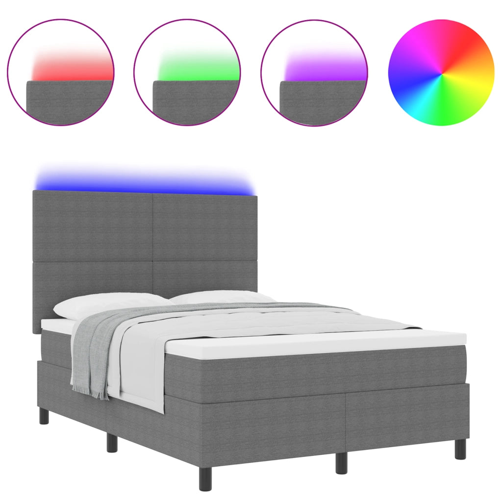 Letto con Box Spring, Materasso & Luce LED Grigio 140x200 cm Tessuto in Corduroy
