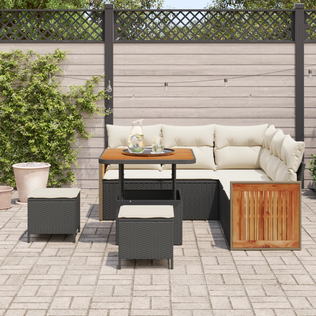 Set Divani Giardino  8 Pezzi con Cuscini Nero Polyrattan Acacia