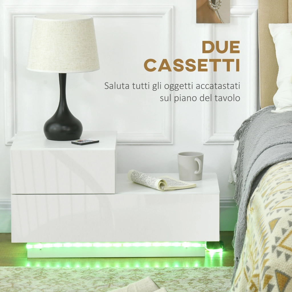 Easycomfort Comodino Moderno con 16 Luci LED RGB, Telecomando e Due Cassetti in Truciolato, 70x37x38cm, Bianco