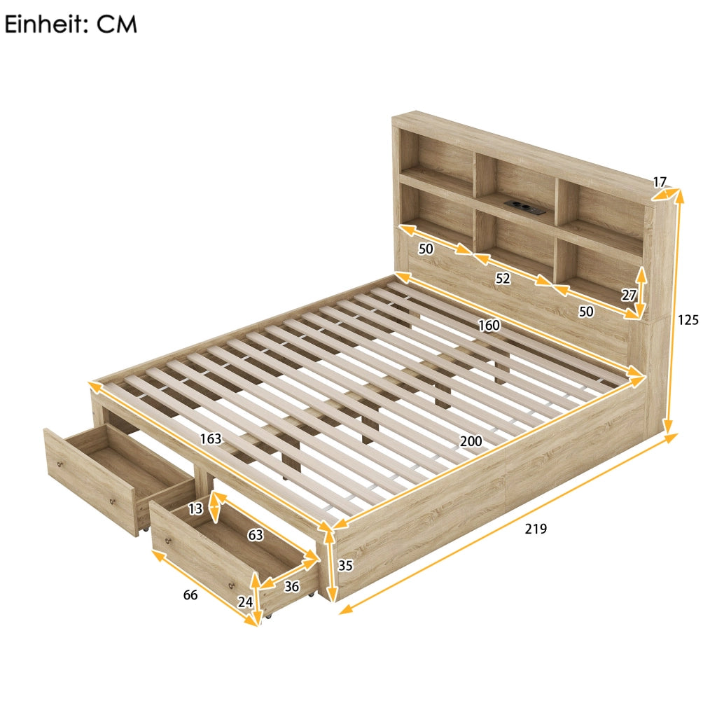 Letto matrimoniale 160x200 cm con USB e contenitore; truciolare; colore naturale