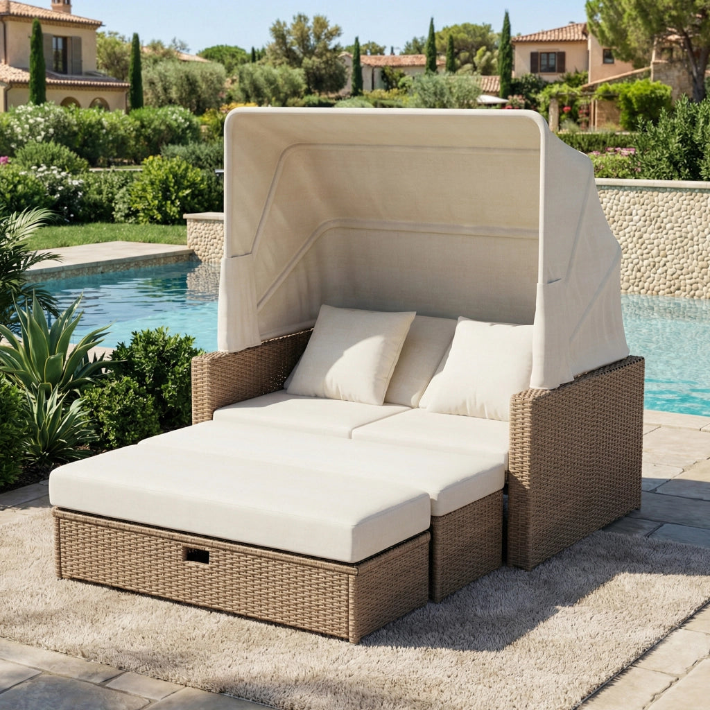 Set Divano da Giardino in Polyrattan ¨C Xylo ¨C Beige, con Tavolino Regolabile e Tenda