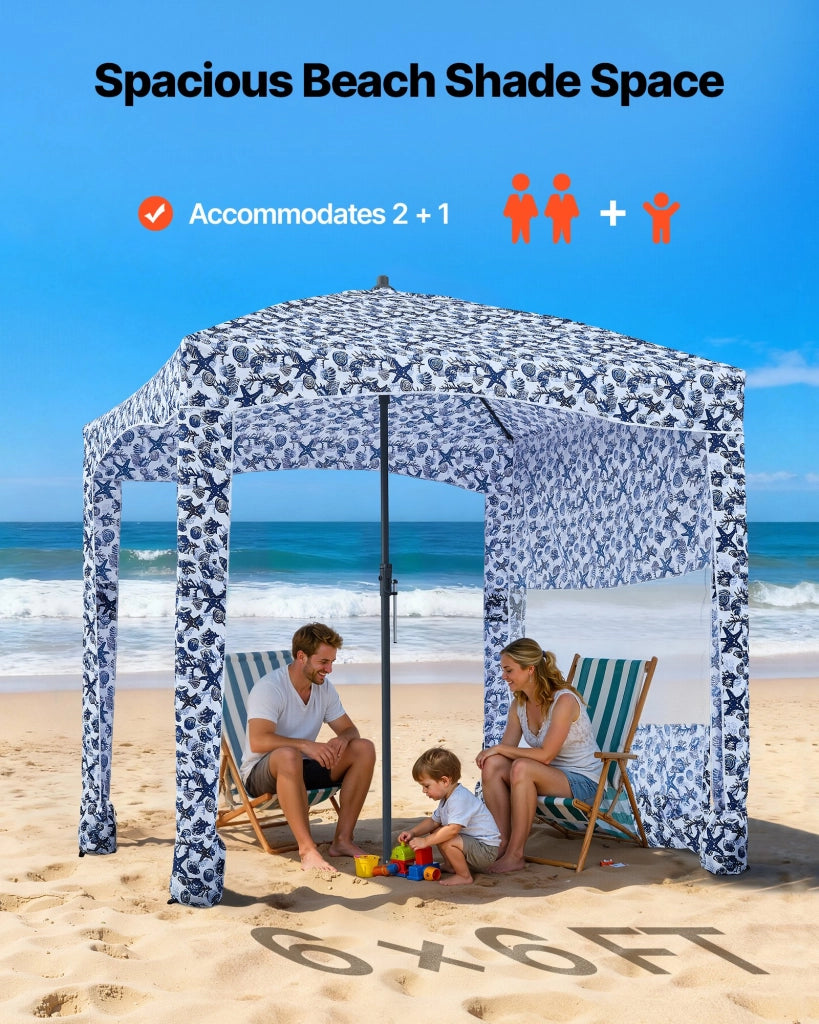 Ombrellone Parasole da Spiaggia SSCA-01, 1830 x 1830 x 2290 mm, con Parete Laterale e Tasche per Sabbia, Regolabile, Portatile, Blu Scuro con Motivi