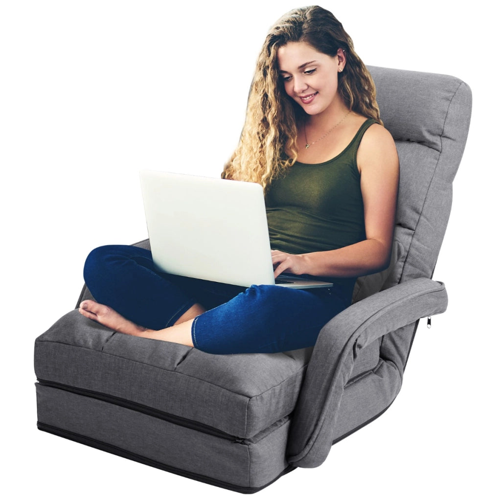 Divano letto-Dormeuse in tessuto regolabile in 5 livelli con braccioli e cuscino pieghevole da terra 173x67x12cm Grigio scuro