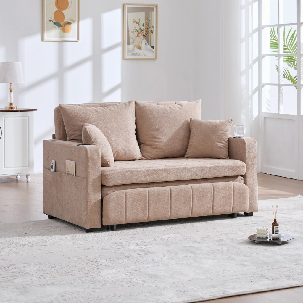 Divano letto convertibile con tasche laterali e cuscini in chenille color kaki