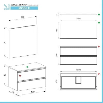 Mobile bagno sospeso 100 cm bianco opaco con top e specchio tondo Master