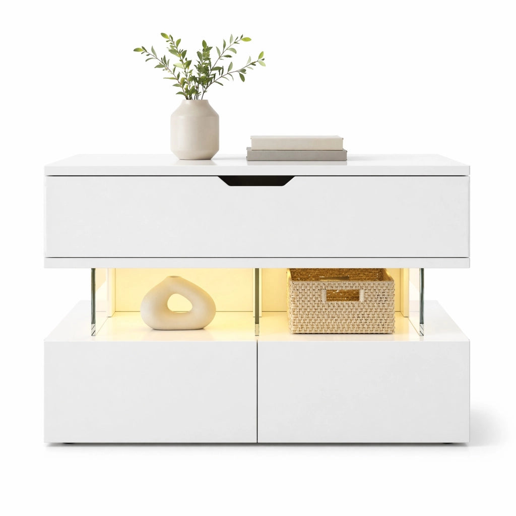 Tavolino da caffè elevabile bianco con LED a 16 colori, vetro e cassetti