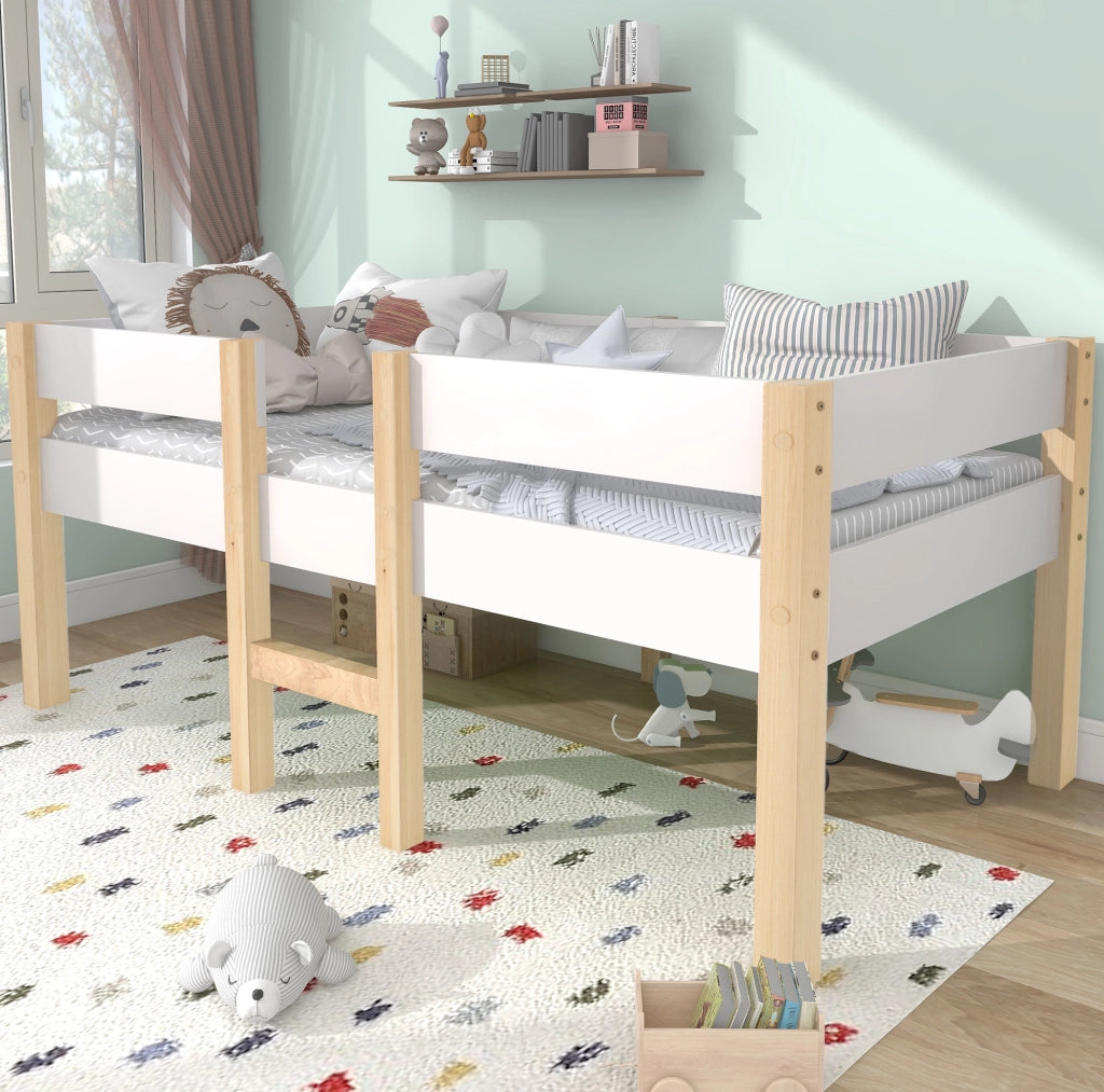 Letto semialto per bambini con sponde di sicurezza 90x190 cm in legno massello bianco