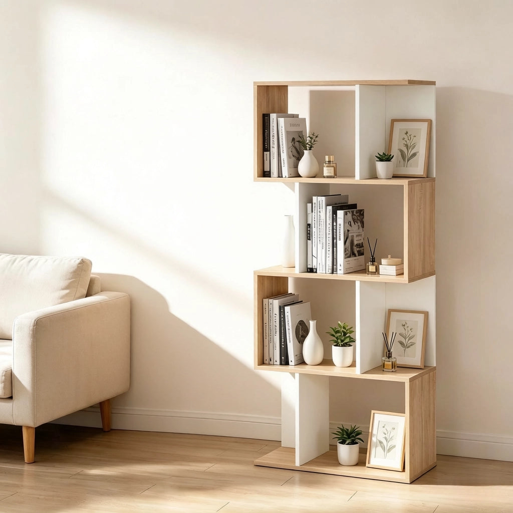 LIBRERIA S-ფორმata 60x24x148 cm in pannello di truciolare, naturale/bianco