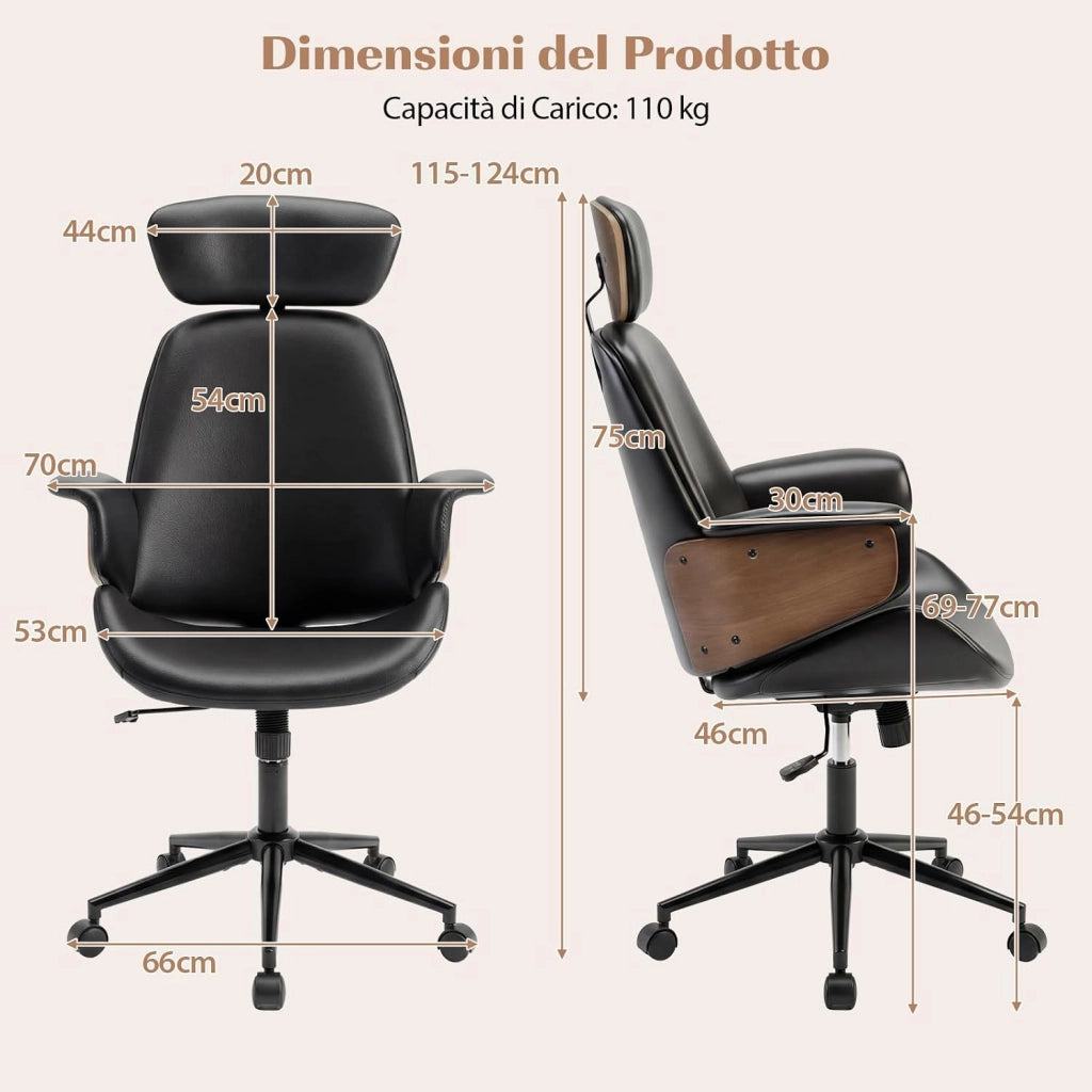 Sedia da Ufficio Ergonomica con Poggiatesta, Sedia Scrivania Imbottita con Altezza Regolabile e Schienale Inclinabile, Poltrona Computer con Braccioli e 5 Ruote Girevoli, Portata 110 kg