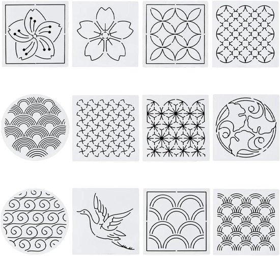 Set di 12 stencilli in plastica per Sashiko - Stencil per cucito a mano - Disegni in stile giapponese - Cucito a mano - 2,5 mm di spessore