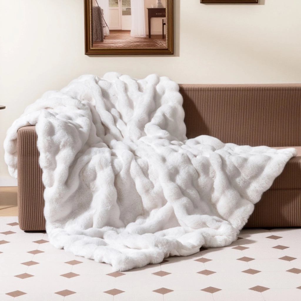 Coperta in pelliccia ecologica di lusso plaid soffice in pelliccia di coniglio con effetto bolle, Coperta poltrona e divano-Coperta
