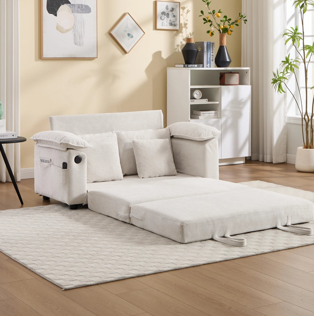 Divano letto convertibile 135x66x80 cm in tessuto bianco con tasche laterali -