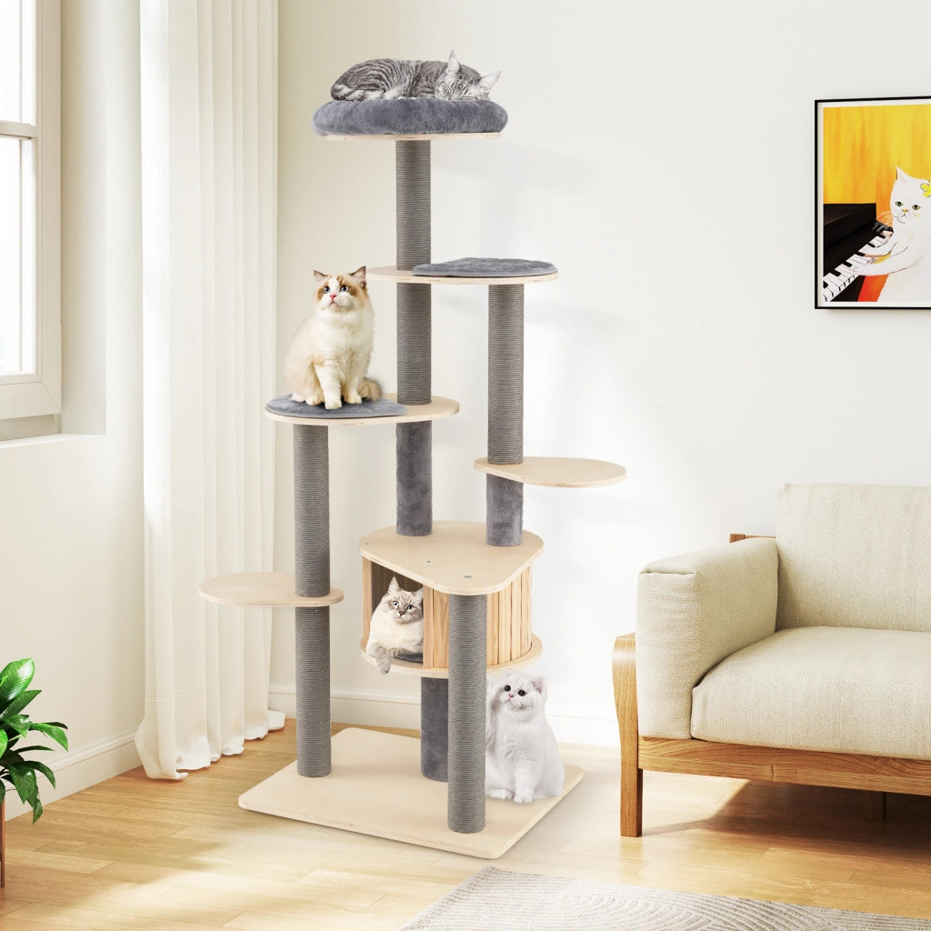 Albero per gatti alto 172 cm posatoio imbottito rifugio privato-Mobile arrampicata per gattini tappetini staccabili pali graffi base stabile