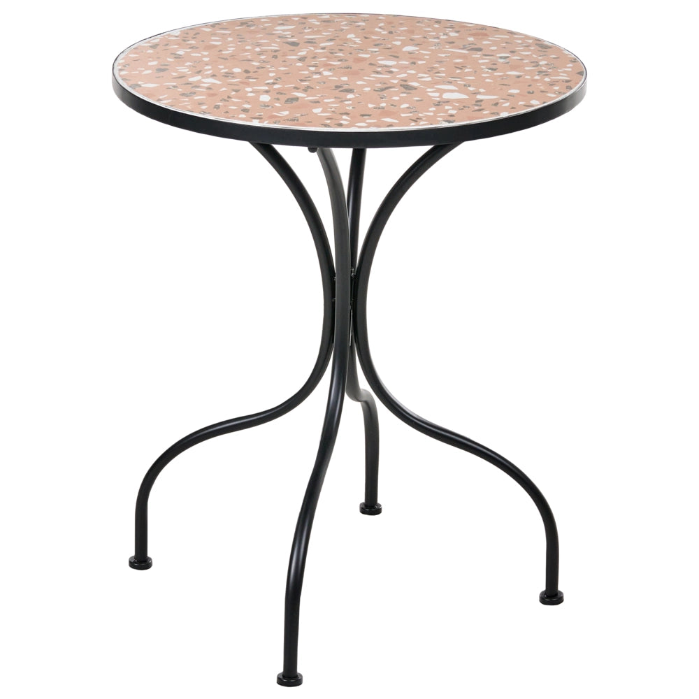 Tavolo da bistrot da giardino in metallo nero con struttura in ferro ø 60 cm, piano con motivo effetto terrazzo, stile vintage, da esterno