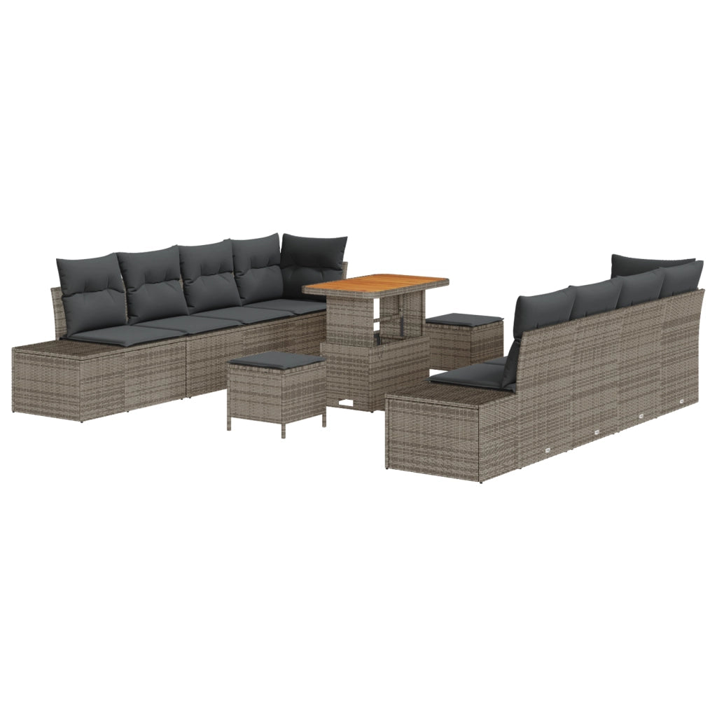 Set di Divani da Giardino a 11 Pezzi con Cuscini Grigio Polyrattan Acacia