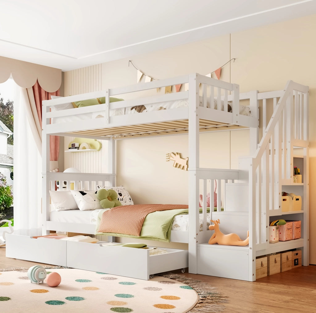 Letto a castello 90x200 cm con scala contenitore bianco