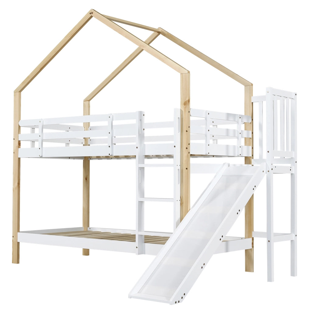 Letto a castello 90x200 cm con scivolo e scala in legno e MDF bianco