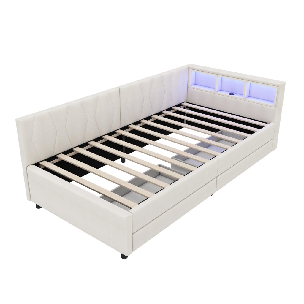 Letto singolo 90x200 cm; LED con USB e Tipo C; 2 cassetti e vani; lino e MDF beige (Senza materasso)