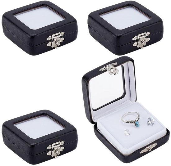 Cassa di esposizione per pietre preziose - 4 pezzi - Materiale PU in pelle - Nero - Ideale per uomini e donne