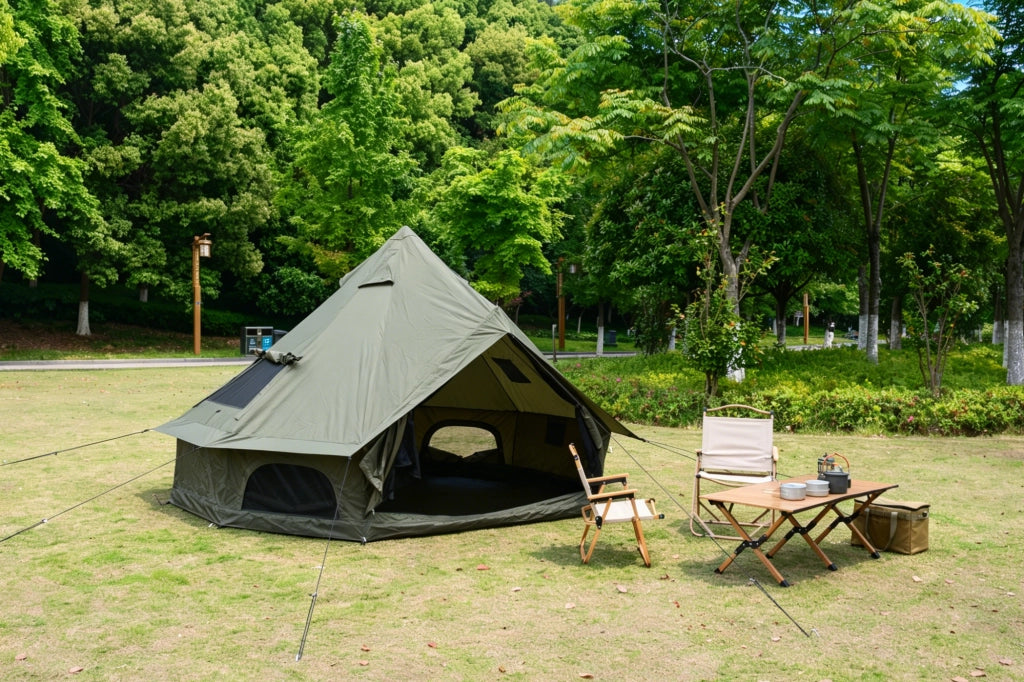 Tenda A Campana Per Campeggio 300 X 300 X 200 Cm In Poliestere Verde Scuro Con Apertura Per Stufa