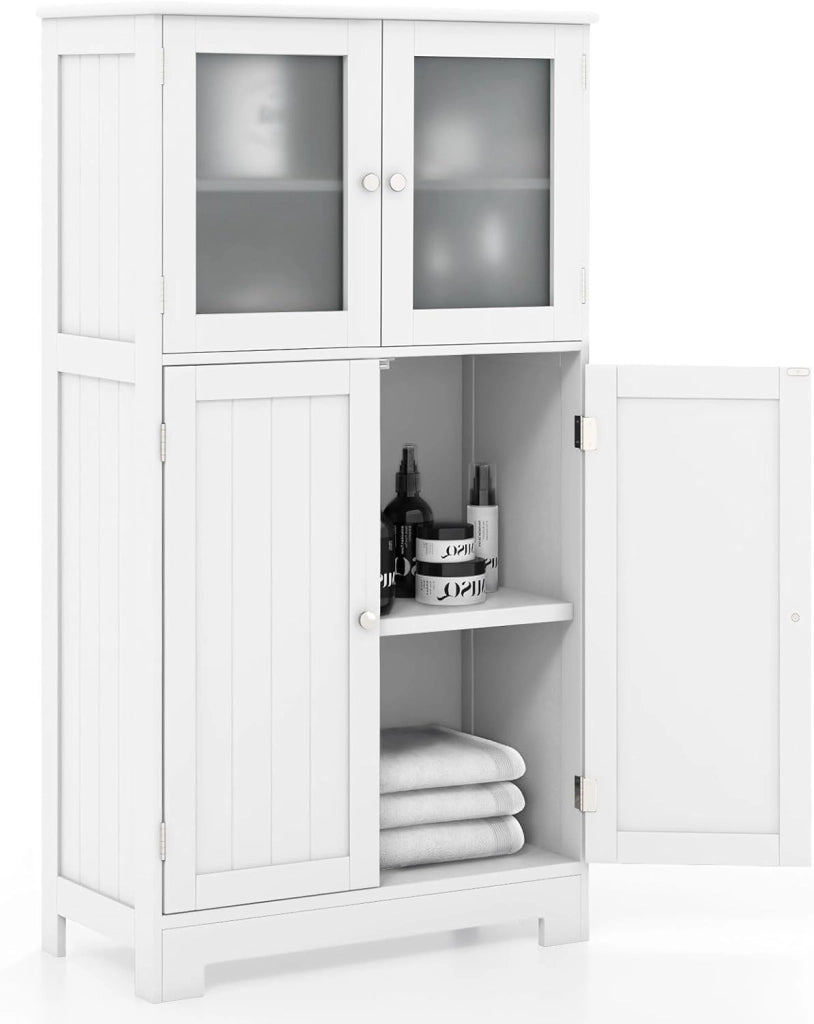 Armadietto da bagno, 60 x 30 x 109 cm, armadietto da bagno con 4 ante e ripiano regolabile, per bagno, cucina e soggiorno (bianco, modello A)