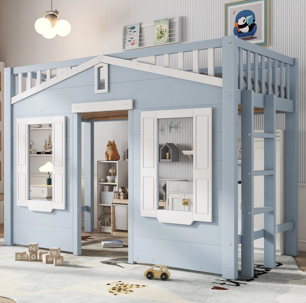 Letto a soppalco per bambini 90x200 cm bianco e blu con scala reversibile