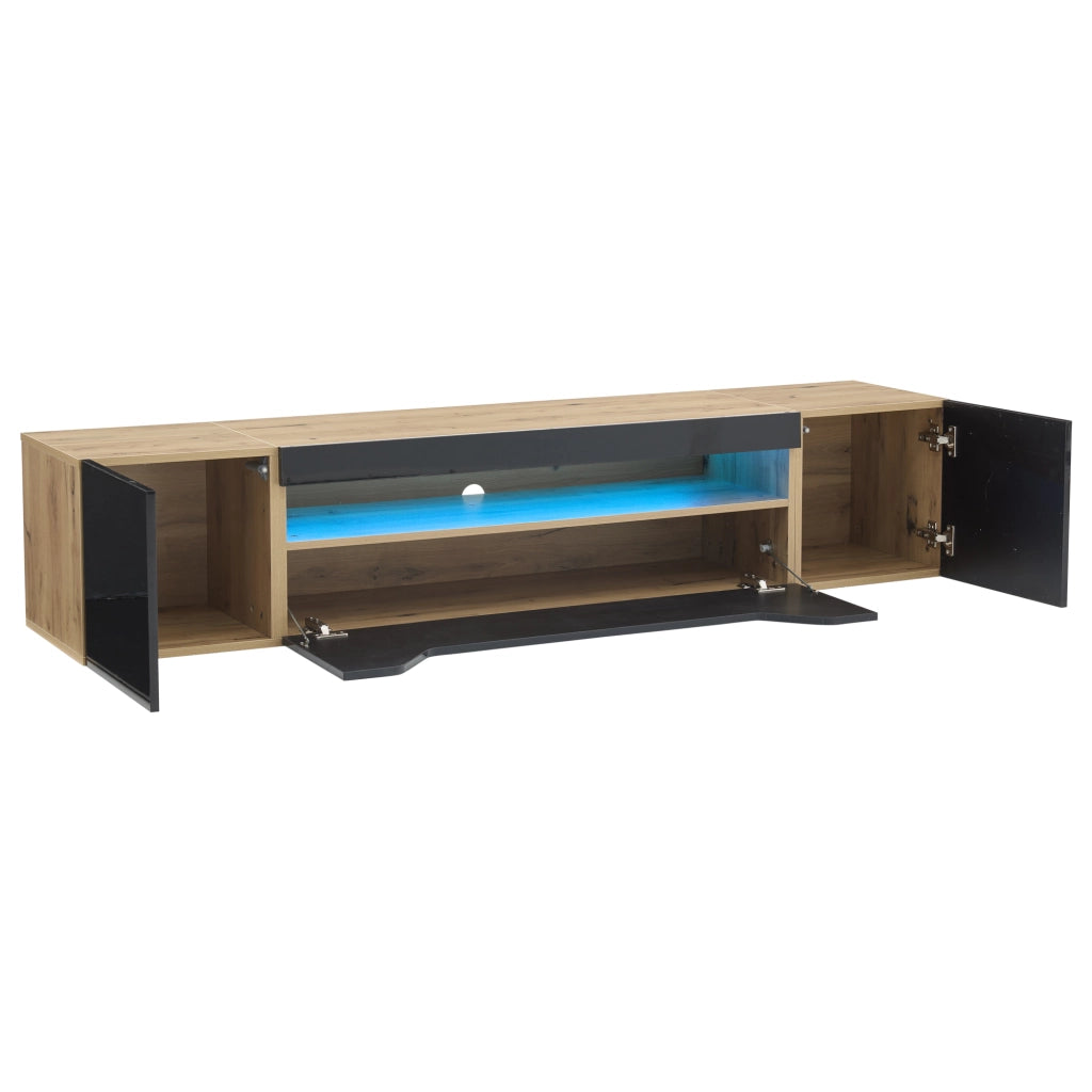 Mobile TV Sospeso con 2 Ante 1 Ribalta e LED per Soggiorno in Pannelli Nero e Legno Naturale 180 x 37 x 36 cm
