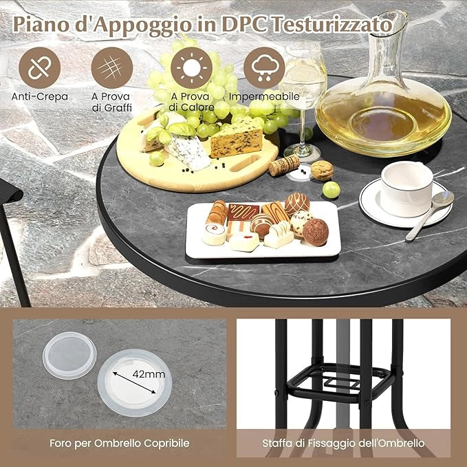 Set Tavolino e Sedie da Giardino, Set da Bistro con Sedie Pieghevoli, Tavolino con Foro per Ombrellone e Poggiapiedi, Tavolino da Bar per Patio, Tavolino Portata 50 kg, Sedia Portata 150 kg