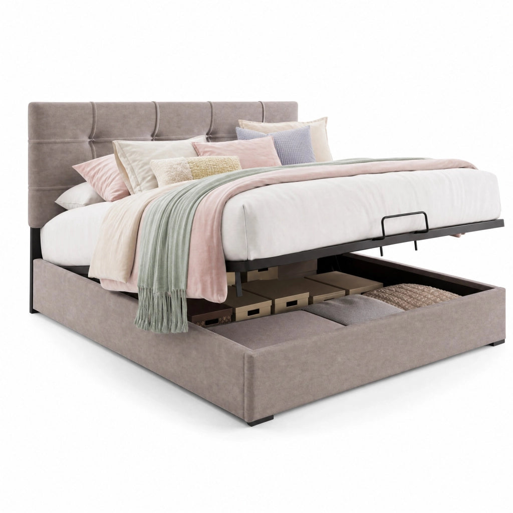Letto contenitore matrimoniale 140x200 cm in velluto, testiera regolabile, grigio chiaro