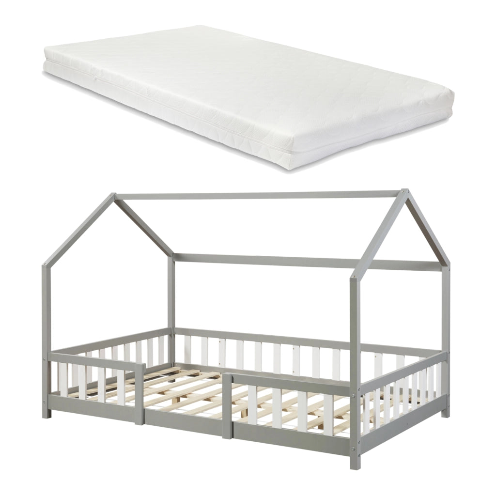 Letto per Cameretta Sisimiut a Forma di Casetta con Materasso 120x200 cm Grigio Chiaro / Bianco [en.casa] [neu.haus]