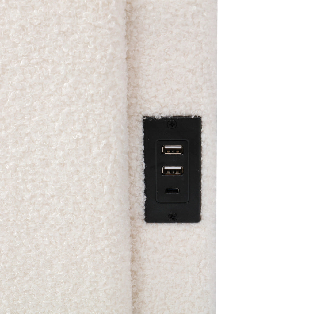 Letto singolo con contenitore 90x200 cm in bouclé beige; USB-A/USB-C e tasche laterali