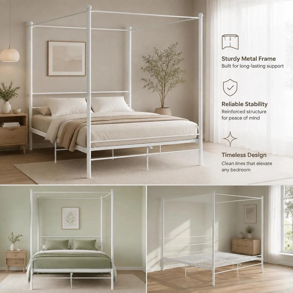 Canopy Bed White Metal 180x200 Cm